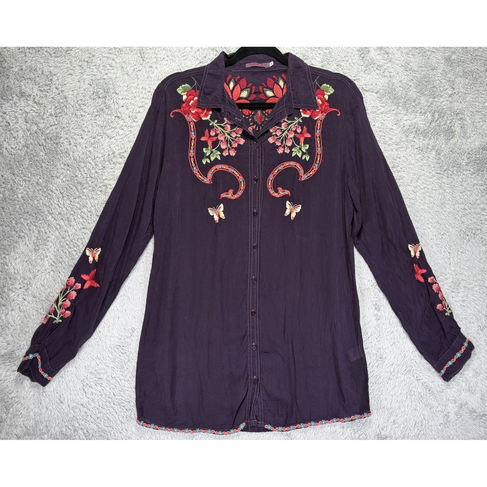 Johnny Was Collared Blouse XS Purple Floral Embroidered Top Button Front Western